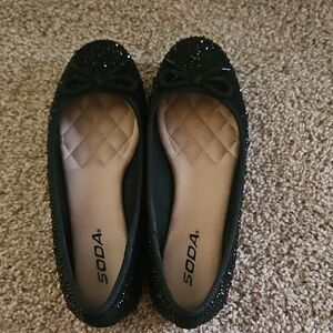 Soda Black Glitter Bow Ballet Flats